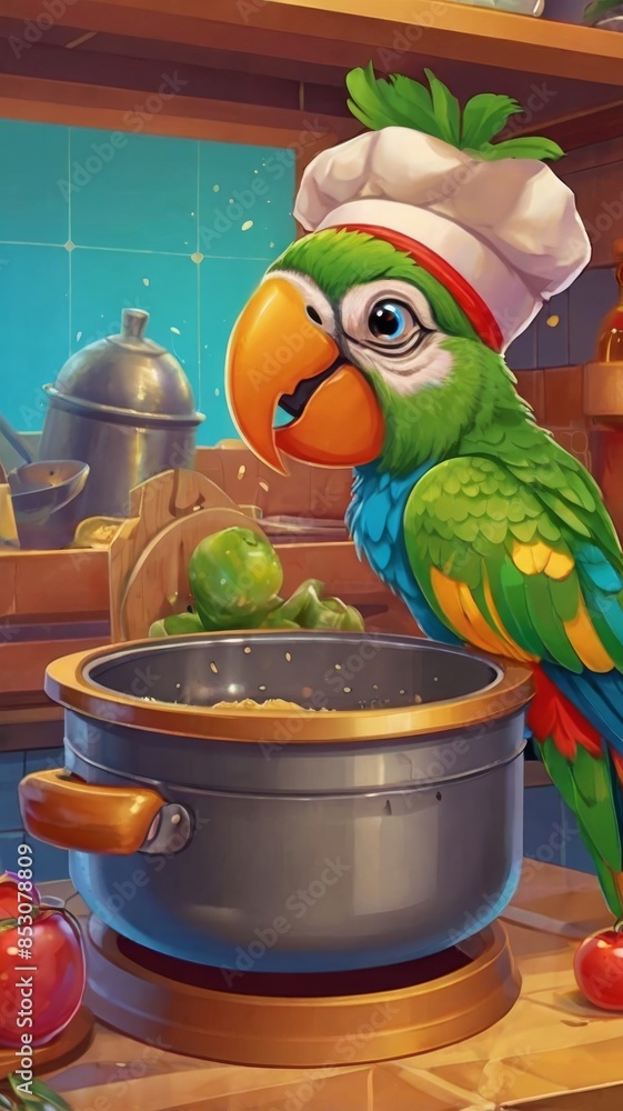 A cartoon parrot chef in a cap prepares soup in a frying pan. Cartoon style image