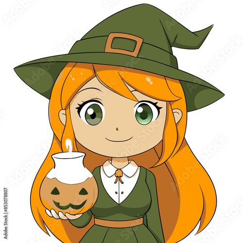 anime girl with long red hair, dressed in a witch costume, holding a bubbling milk potion with a Halloween-themed background