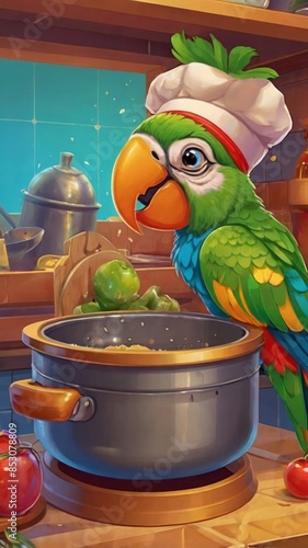 Obraz na płótnie A cartoon parrot chef in a cap prepares soup in a frying pan. Cartoon style image w salonie