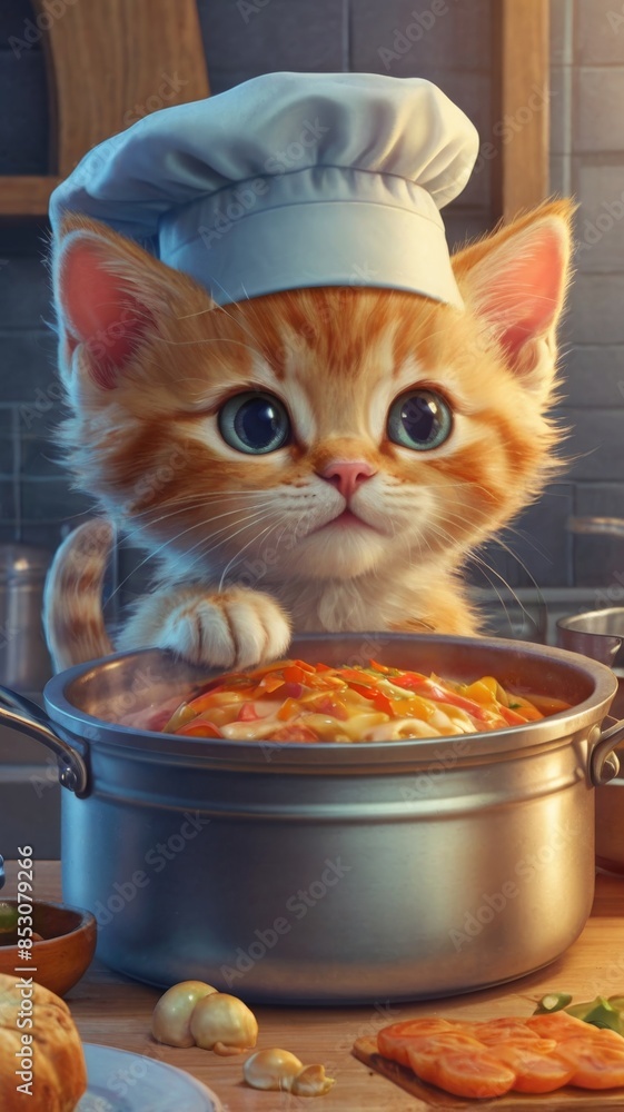 A cartoon kitten cook in a cap cooks soup in a pan. Cartoon style image.
