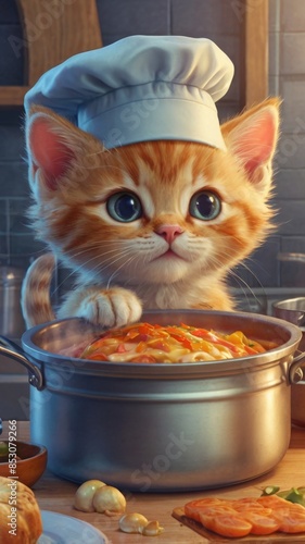 Obraz na płótnie A cartoon kitten cook in a cap cooks soup in a pan. Cartoon style image. w salonie