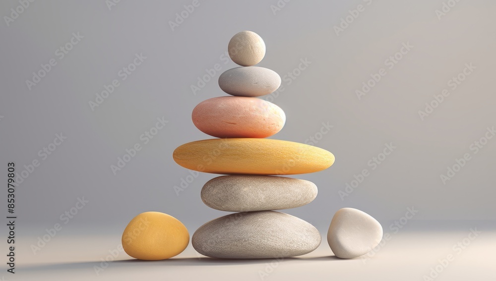 A stack of smooth, gray pebbles balanced precariously on a white surface. A stack of smooth, gray pebbles balanced precariously on a white surface.