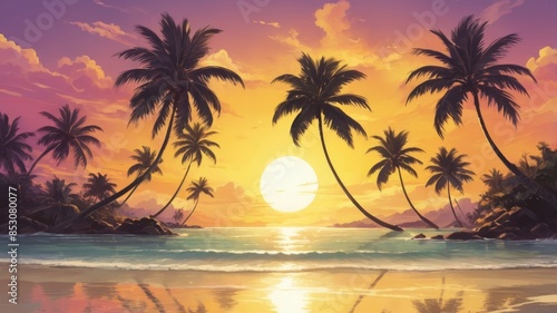 Obraz na płótnie Landscape of paradise tropical island beach, sunrise sunset view. Exotic scenery, palm trees, soft sand and calm sea. Summer beach landscape, vacation or tropical travel sunset colors clouds horizon w salonie