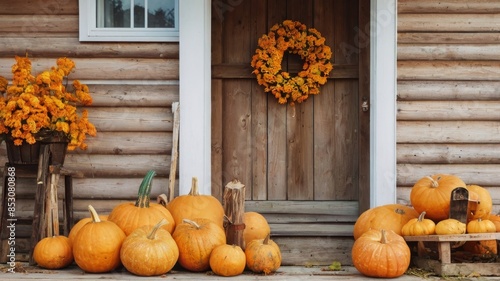 Obraz na płótnie Autumn is depicted with pumpkins and autumn leaves on the porch of a wooden house. w salonie