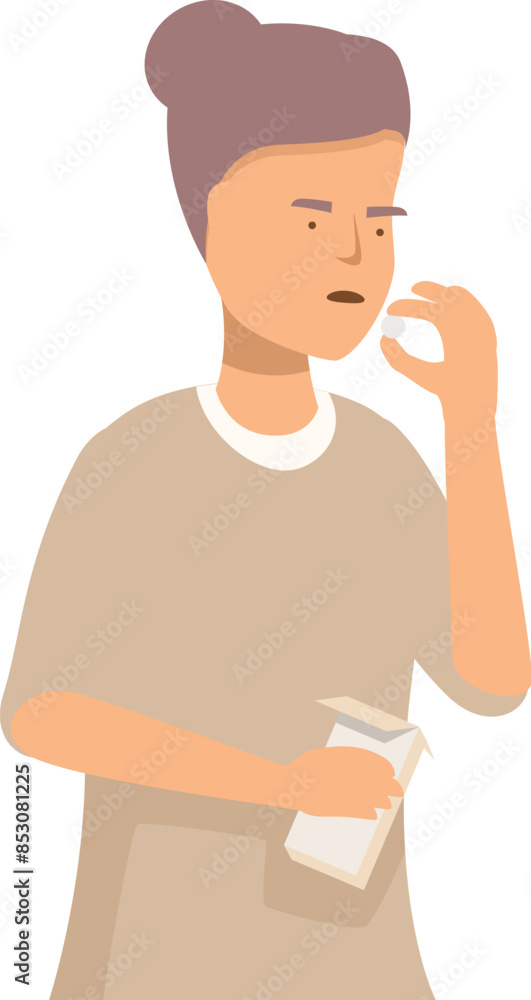 Young woman is taking medicine, holding a box in her other hand Young woman is taking medicine, holding a box in her other hand