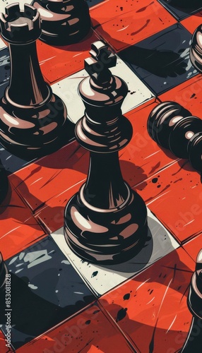 Close-up of black and white chess pieces on a red and black chessboard, illustrating an intense strategic game in progress.