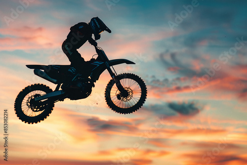 Silhouette of racer on pit bike against the sunset sky. Off-road motorsports. Biker performs a jump with motorcycle.