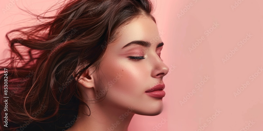 Realistic woman with developing hair, keep it light, photo shoot on monochrome beige and pink background Realistic woman with developing hair, keep it light, photo shoot on monochrome beige and pink background