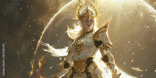 celestial woman, woman body, white and golden armor, white helmet, golden rapier photo