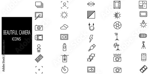 Beautiful camera simple concept 35 icons set. Camera minimalist icon design mobile camera icon graphic graphic design icons. vector design black white linear original soft sharp .Vector illustration.