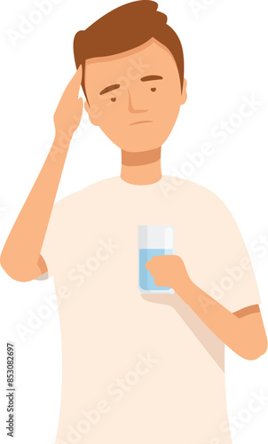 Young man feeling unwell, holding his head with one hand and a glass of water with the other, suffering from a headache