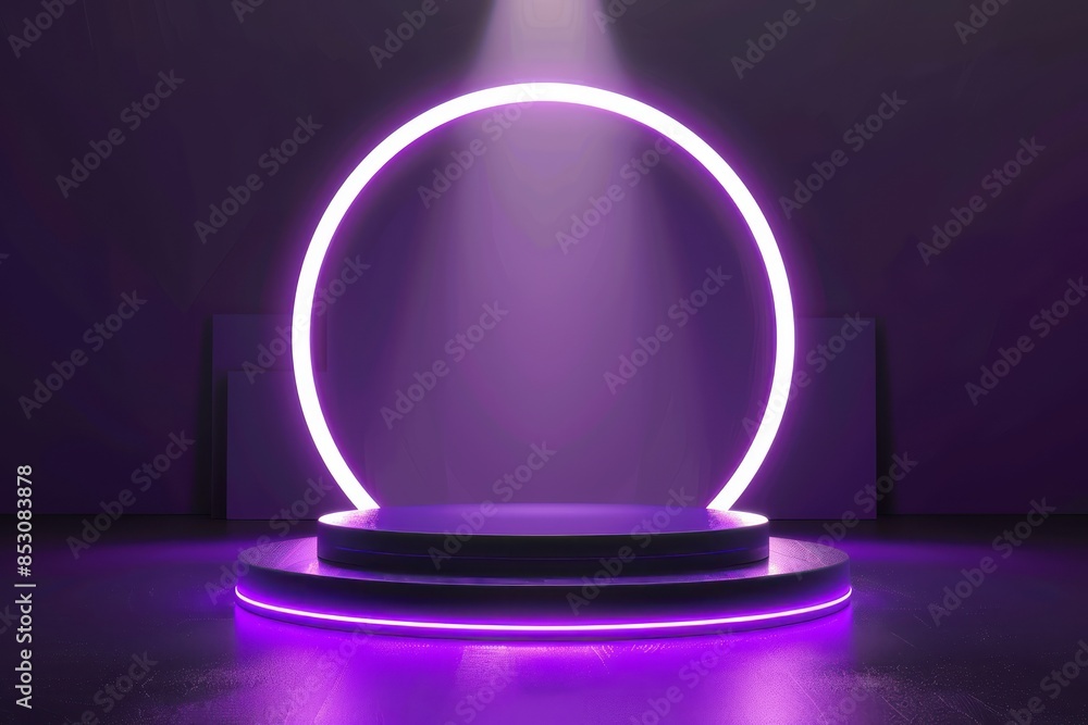 A glowing purple podium with illuminated circles of light on the left and right sides, set against a dark background A glowing purple podium with illuminated circles of light on the left and right sides, set against a dark background