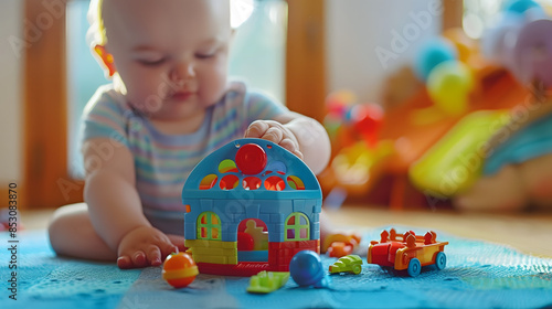 Bebé jugando con un juguete educativo en una habitación luminosa photo