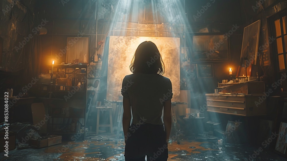 a black room with only a candle for light and a girl standing in front of a canvas with a paintbrush and you can only see her from behind, full body shot, wide angle a black room with only a candle for light and a girl standing in front of a canvas with a paintbrush and you can only see her from behind, full body shot, wide angle