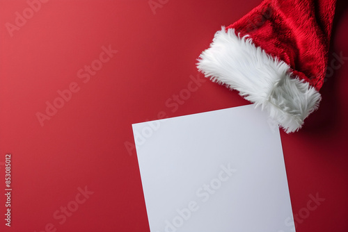 empty christmas card with santa hat, copy space with empty white sheet in red background to make christmas posters, banners and cards