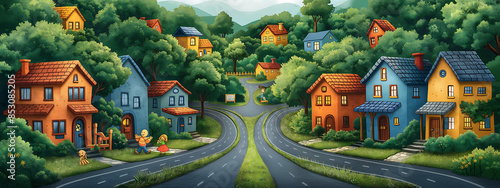 Create an 2D flat image of a board game. The game is designed to be played on a table and is themed around a family with a dog moving into a new town photo