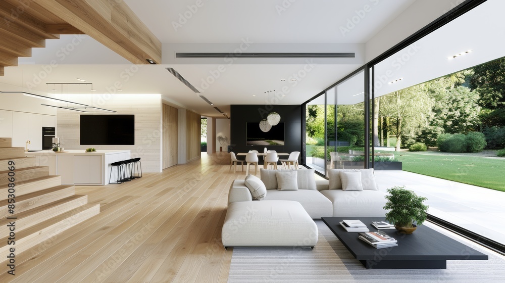 Modern wooden open space, minimal furniture, stylish design, large windows for natural light, warm wooden tones, contemporary elegance, inviting and sophisticated ambiance, showcasing simplicity Modern wooden open space, minimal furniture, stylish design, large windows for natural light, warm wooden tones, contemporary elegance, inviting and sophisticated ambiance, showcasing simplicity
