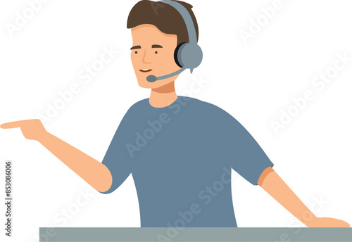 Male call center operator wearing headset is pointing with finger