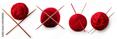 A set of Red balls of yarn and knitting needles isolated on a transparent background.
