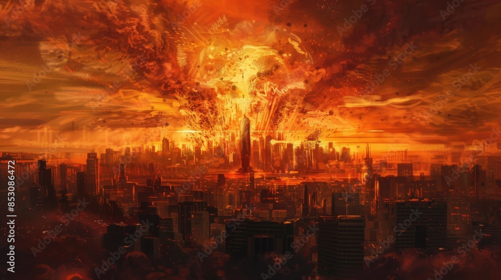 Fototapeta premium Cataclysmic explosion in urban skyline at sunset