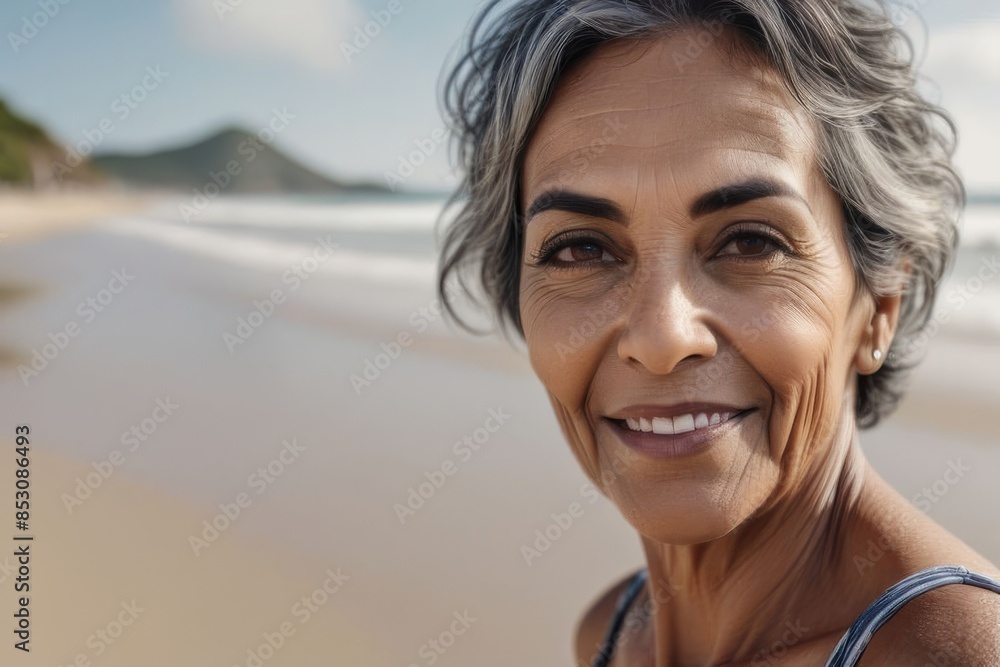 Portrait of a happy beautiful woman of 50 years of Hispanic ethnicity on the seashore. An attractive, healthy older Hispanic woman who is leading an active retired life
