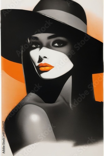 Obraz na płótnie Portrait of a mysterious beautiful young woman in a red hat with red lips. Fashionable glamor fashion makeup. Sensual red lips. w salonie