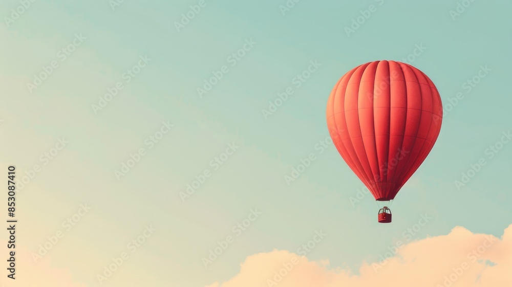 Fototapeta premium A red hot air balloon floating against a soft, pastel sky, symbolizing adventure and freedom.