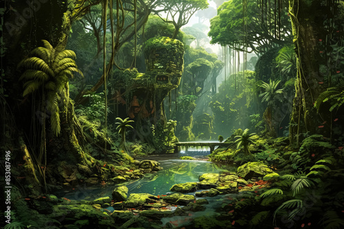 Fototapeta Naklejka Na Ścianę i Meble -  A lush jungle with a river running through it