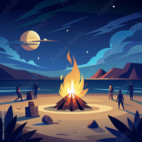 A group of people are gathered around a fire on a beach at night. The sky is filled with stars and a large moon. Scene is warm and inviting, as the people seem to be enjoying each other's company