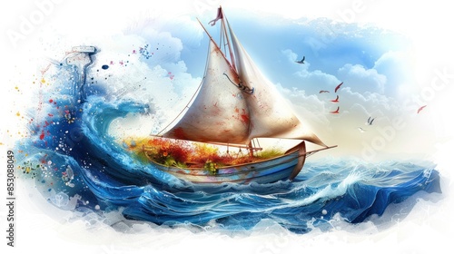 Colorful watercolor of a wooden ship with many masts sailing on a stormy sea, seagulls flying around, and waves crashing against the side of the ship.