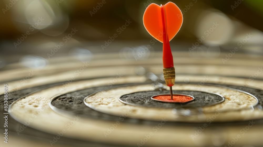 Close-up of a red dart hitting the bullseye of a dartboard, symbolizing focus, precision, and achieving goals. Close-up of a red dart hitting the bullseye of a dartboard, symbolizing focus, precision, and achieving goals.