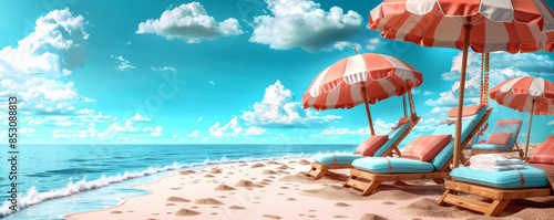 Bright beach scene promoting a summer sale with umbrellas and lounge chairs on a sunny day by the ocean.