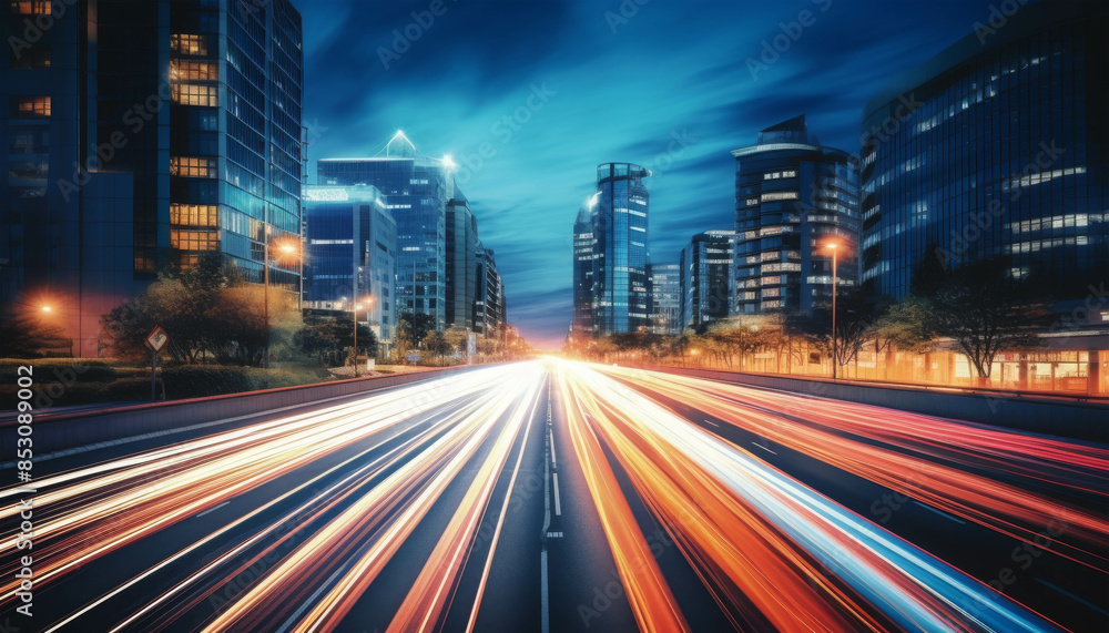 Dynamic Night Scene of a Bustling City with Light Trails from Moving Vehicles Dynamic Night Scene of a Bustling City with Light Trails from Moving Vehicles
