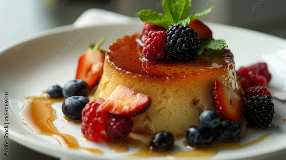 Delicious flan dessert topped with fresh berries and mint leaves on a white plate, drizzled with caramel sauce. Delicious flan dessert topped with fresh berries and mint leaves on a white plate, drizzled with caramel sauce.