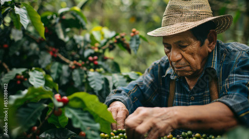 Elderly man with a hat carefully picking coffee cherries from a lush green plantation in a serene forest backdrop, embodying rural agricultural life.