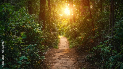 A path through a lush forest leading to a bright light, symbolizing a journey towards enlightenment. © Icygirl