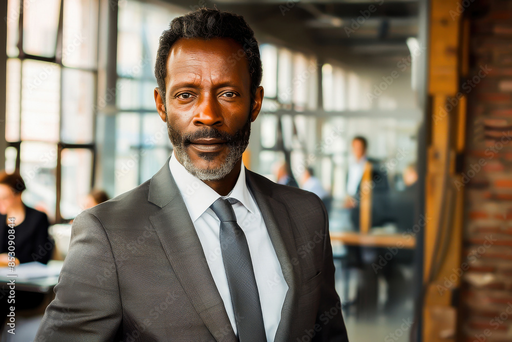 A confident businessman in a formal suit stands in a modern office setting. He exudes professionalism and leadership, with colleagues in the background. A confident businessman in a formal suit stands in a modern office setting. He exudes professionalism and leadership, with colleagues in the background.