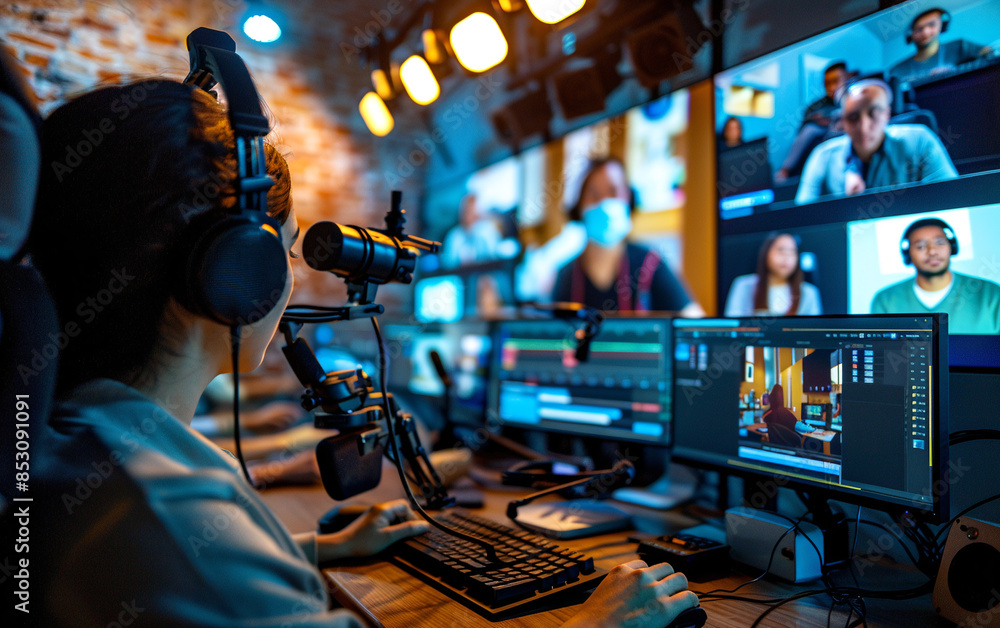 Professional video editor works with a large number of monitors and controls video processes Professional video editor works with a large number of monitors and controls video processes