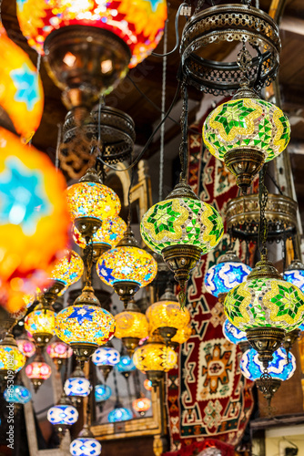 Canvas Print Colourful glass hanging lamps in Arabic style