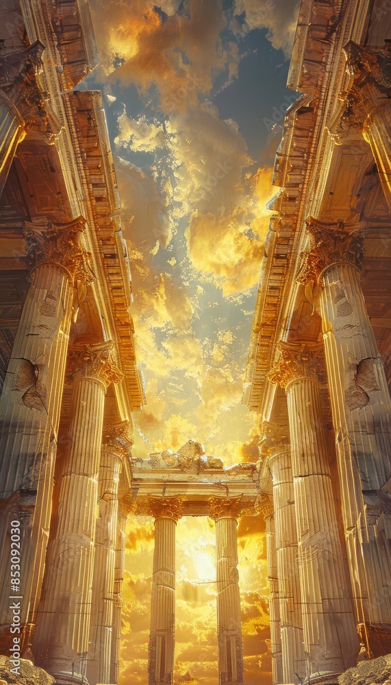 Fototapeta premium Majestic ancient ruins with towering columns against a dramatic sunset sky, capturing the timeless beauty and grandeur of classical architecture.