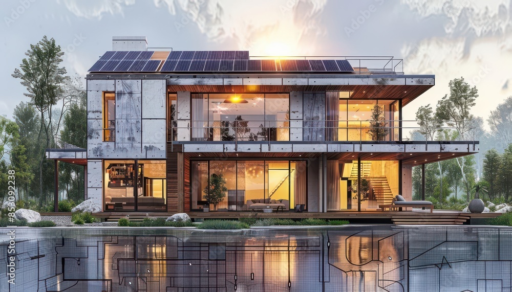 Modern luxury house with solar panels, large windows, and serene surroundings reflecting on a calm water body, showcasing sustainable architecture. Modern luxury house with solar panels, large windows, and serene surroundings reflecting on a calm water body, showcasing sustainable architecture.