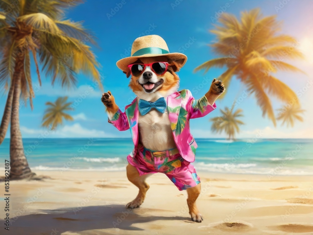 Summer dog character in a bright suit, hat and sunglasses dances on the beach by the sea. illustration with glamorous cartoon cheerful dog on the beach