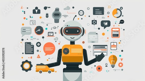 Wallpaper Mural Illustration of a friendly robot with multiple icons, symbolizing technology, AI, and automation in a modern, digital workspace. Torontodigital.ca