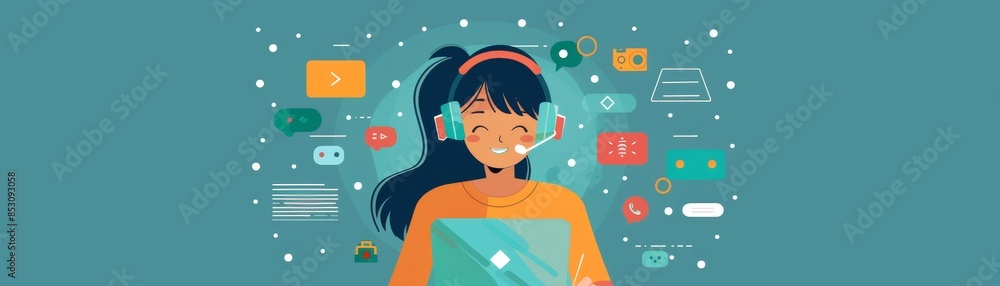 Illustration of a multitasking woman working online with a laptop and headset, surrounded by digital icons symbolizing connectivity and communication. Illustration of a multitasking woman working online with a laptop and headset, surrounded by digital icons symbolizing connectivity and communication.