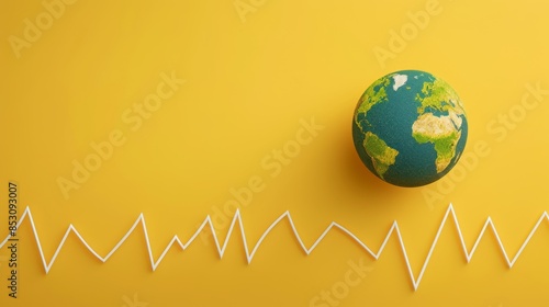 Realistic depiction of Earth for World Health Day, heartbeat line surrounding the globe, yellow background, emphasizing global health and unity