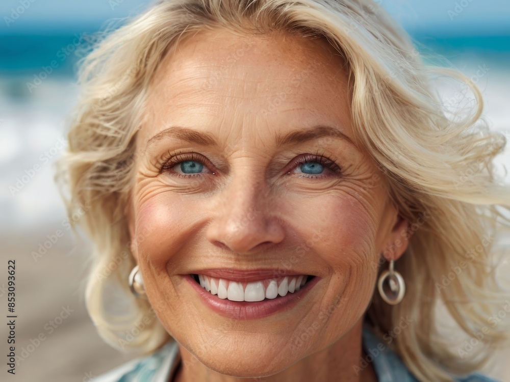 Well-groomed happy elderly blonde woman with long ash-colored hair on the seashore. Portrait of a 55 year old woman.