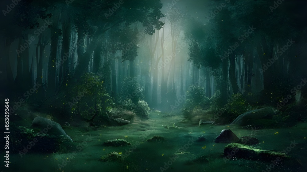 Obraz premium Beautiful green fantasy night forest with glowing fireflies