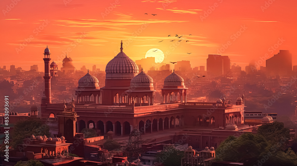 Fototapeta premium A beautiful sunset over a city with a large red building in the background