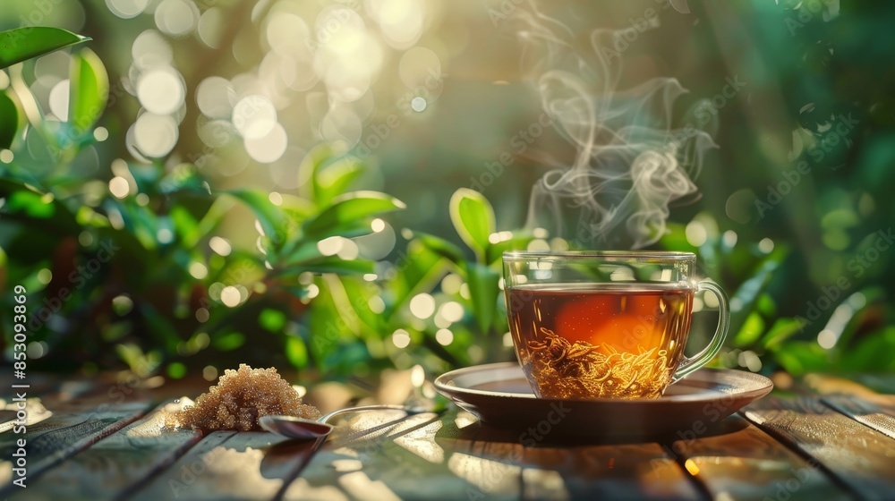 Tranquil scene steaming black tea on wooden table with sugar spoon, green foliage background Tranquil scene steaming black tea on wooden table with sugar spoon, green foliage background