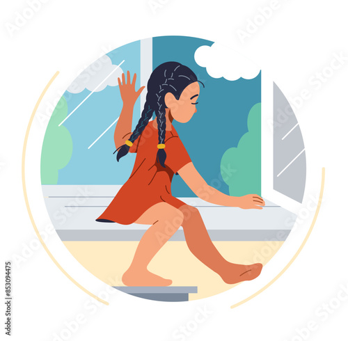 Little girl sitting on windowsill near open window flat color vector illustration. Falling from height danger at home round concept icon on white background